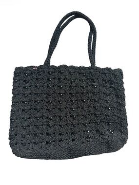 Arabella Vintage Black Beaded Crochet Cord Tote Bag Boho Glam Evening Small